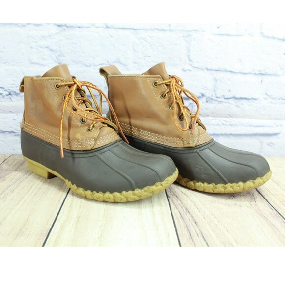 LL Bean Brown Leather Lace Up Round Toe Unlined Ankle Duck Boots Size 7 M - Picture 2 of 10